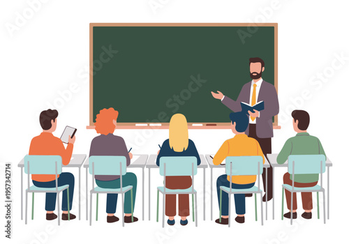 Teacher explaining to students in a classroom with blackboard, education concept