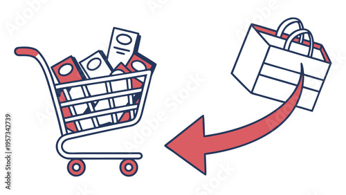 Online shopping cart mockup with arrow indicating items being placed into a shopping bag, perfect for e-commerce and retail illustrations