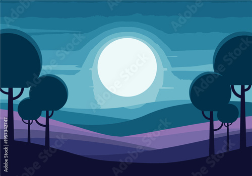Serene nocturnal landscape with glowing full moon and stylized trees