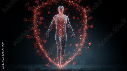 A translucent human figure stands inside a glowing orange shield made of particles; a halo of light surrounds the body against a dark backdrop, creating a sci-fi, protective-digital impression