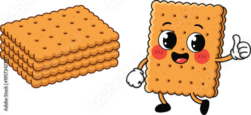 Cute cracker biscuit cartoon character giving thumbs up with stack of wheat biscuits vector illustration isolated on a white background.
