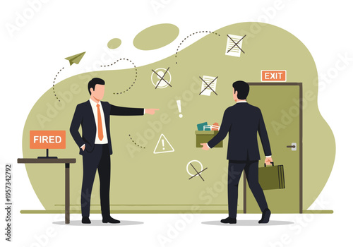 Manager pointing to a fired employee carrying personal belongings towards an exit door