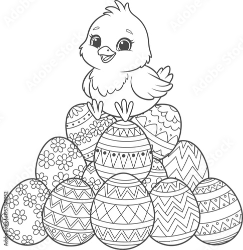 Easter sunday celebration with cute easter chick and decorated eggs