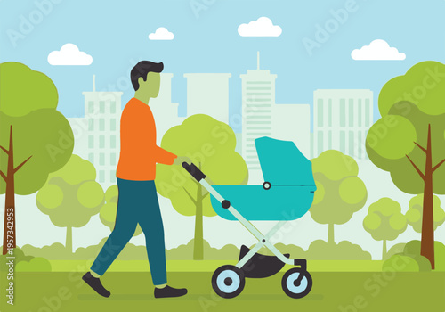 Father Pushing Baby Stroller in Park with Cityscape Background Illustration