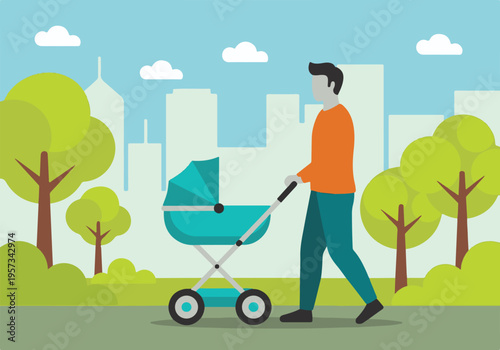 Father pushing baby stroller in a city park, flat design illustration