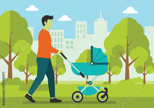 Man pushing baby stroller in a park with urban skyline, flat illustration