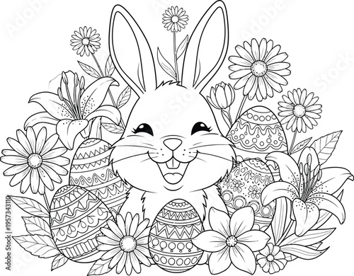 Easter sunday celebration with smiling easter bunny surrounded by flowers and eggs