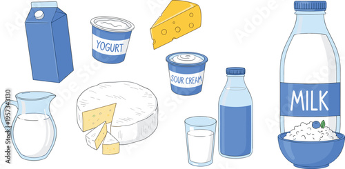 Dairy products set with milk bottle carton glass yogurt cheese sour cream and cottage cheese bowl vector flat illustration.