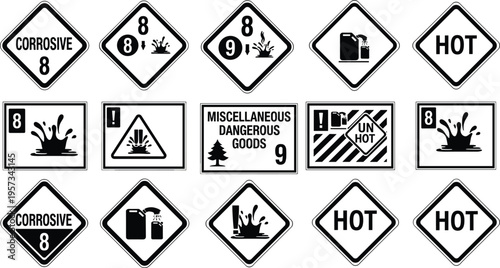 Vector collection of hazardous material warning signs including corrosive substances dangerous goods hot surface alerts and industrial safety symbols for transport labels