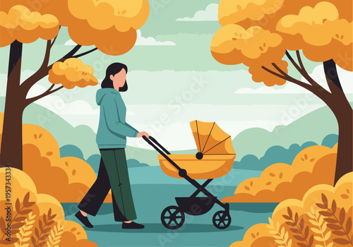 Woman pushing baby stroller in autumn park, peaceful outdoor scene
