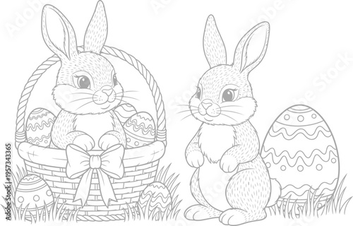 Easter sunday celebration with happy easter bunny and decorated eggs