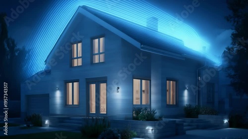 Night view of a modern blue house bathed in cool lighting; luminous blue arc patterns sweep over the roof. Warm window glow, step-lit entry, and neatly landscaped steps frame the home