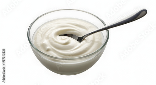 Creamy white yogurt in a clear glass bowl with a spoon healthy dairy product for breakfast or dessert isolated on white background