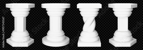White hexagon plinth pillar. 3d cylinder stand mockup. Trophy display pedestal on greek or roman column. Realistic marble exposition base for museum or gallery. Empty gypsum tribune for studio