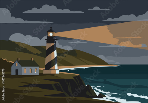 Lighthouse and house on a rugged coastal cliff with a shining beam at dusk