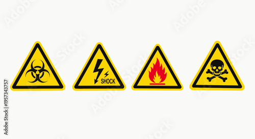 Set of Industrial Safety Warning Triangle Signs for Biohazard Electric Shock Fire and Toxic Poison