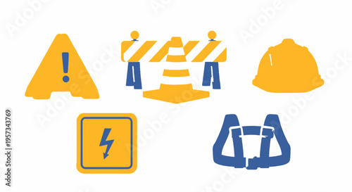 Industrial Safety Equipment Vector Illustration with Construction Hazard Symbols and Icons