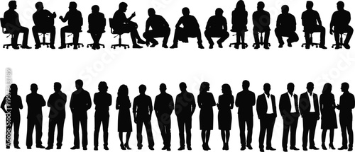 Vector collection of professional people silhouettes featuring men and women in standing and sitting poses for architectural visualization and office floor plans