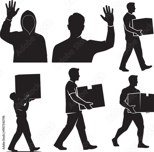 Silhouette illustration of business people including a businessman and a man with a camera standing together as a team in an office setting symbolizing success.