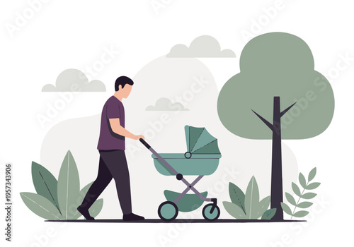 Father walking with baby stroller in a park, minimalist flat illustration