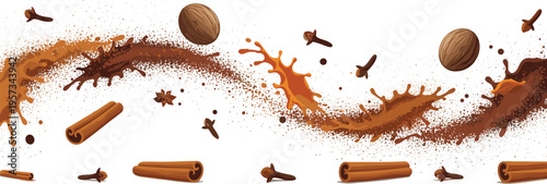 Spices splash with cinnamon sticks cloves and nutmeg on white background for kitchen design food packaging and aromatic cooking concept vector illustration.