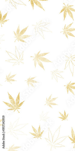 Vertical scattered golden cannabis leaves on transparent background for 420 holiday pattern design. Concept of marijuana culture, festive decoration and luxury backdrop.