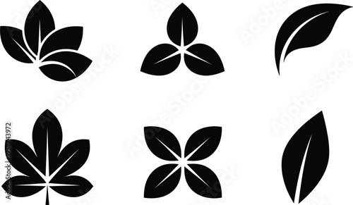 Vector illustration set of black leaf silhouettes featuring various organic shapes and foliage arrangements for eco friendly branding and nature logo design