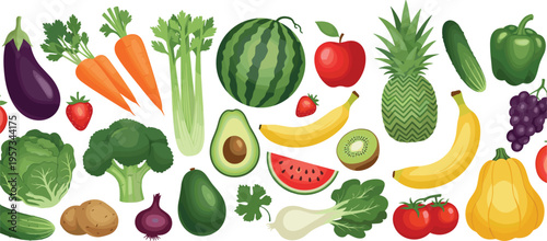 Vector illustration set of fresh fruits and vegetables including watermelon pineapple bananas broccoli carrots and eggplant for grocery and healthy lifestyle design