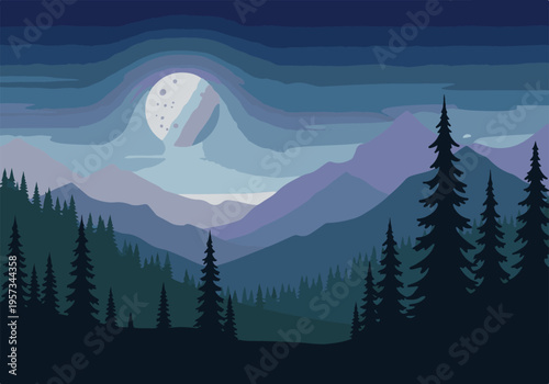 Moonlit Mountain Forest Landscape at Night - Flat Design Vector Illustration
