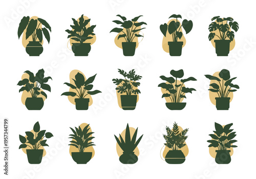 Set of potted houseplants silhouettes with abstract background design