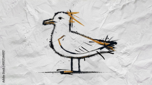Sketch of a seagull with yellow accents on a crumpled paper texture background.