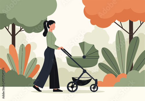 Woman pushing baby stroller in park, minimalist flat illustration style