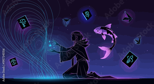 Mystic Sorcerer Summoning Cosmic Energy and Floating Symbols