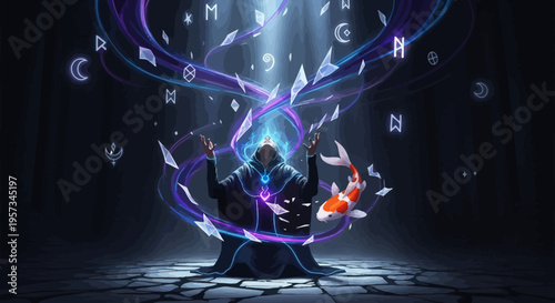 Mystic Wizard Casting Spell with Runes, Koi Fish, and Magic Energy