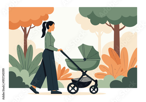 Mother pushing baby stroller in a tranquil park environment