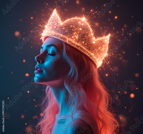 Queen portrait with shining crown bright colors with closed eyes atmosphere