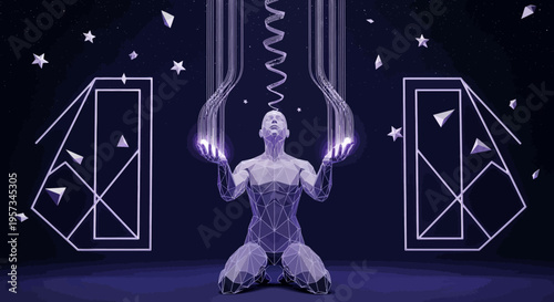Futuristic Man Kneeling, Energy Spiral, Geometric Shapes, Cosmic Background