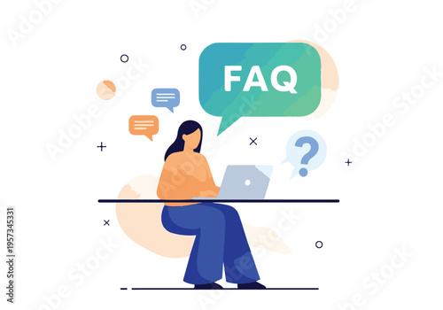 Woman using laptop for online FAQ and customer support service illustration