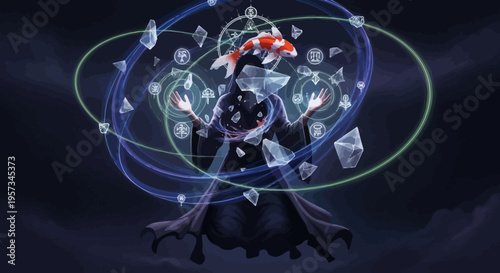 Mystical Wizard Conjures Koi Fish and Shattered Ice with Magical Energy