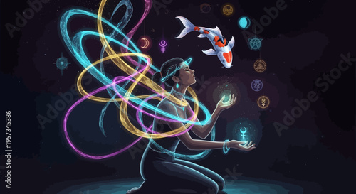 Mystical Woman Juggling Cosmic Energy with Koi Fish and Astrology Symbols
