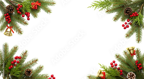 Christmas tree branches isolated on transparent background with red berries and ornaments