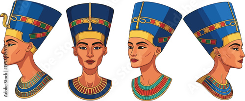 Nefertiti Queen Portraits with Egyptian Royal Headdress for Historical, Cultural, and Artistic Designs