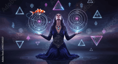 Mysterious sorceress casting magic spells with glowing symbols and koi fish