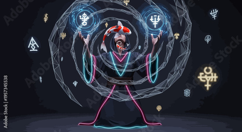 Mystic Sorcerer with Koi Fish, Magic Circle, and Esoteric Symbols