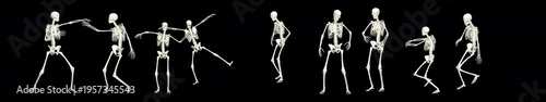 Wide-format 3D animation of dancing skeletons moving rhythmically in a dark, stylized environment. Playful yet spooky characters create a cinematic loop perfect for Halloween, parties