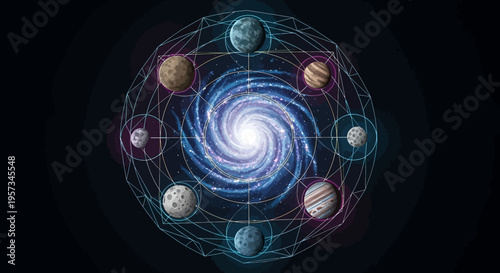 Cosmic Orrery: Planets Orbiting Spiral Galaxy with Geometric Constellation