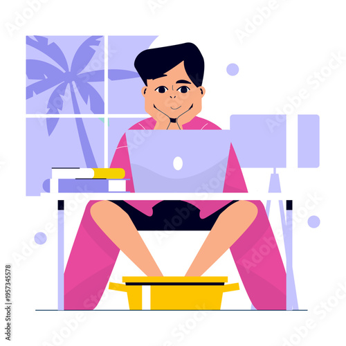 Relaxed Remote Work with Feet in a Bucket, Vector Art
