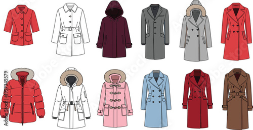 Winter Coat Collection with Fashionable Jackets, Parkas, and Outerwear Designs for Cold Weather Fashion, Style, and Seasonal Clothing Illustration