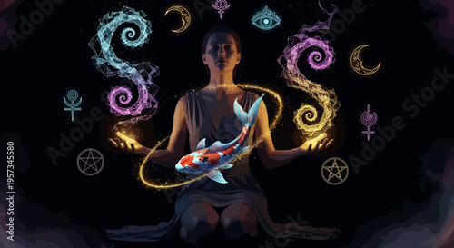 Mystical Woman Conjures Koi Fish with Magic Orbs and Symbols