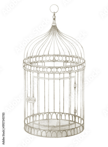 Foto Birdcage watercolor illustration of vintage metal aviary with round shape